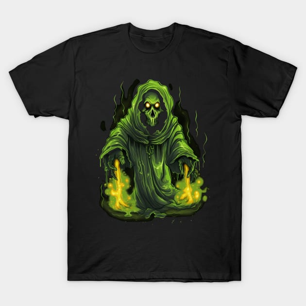 Spooky Green Halloween Reaper T-Shirt by Obotan Mmienu